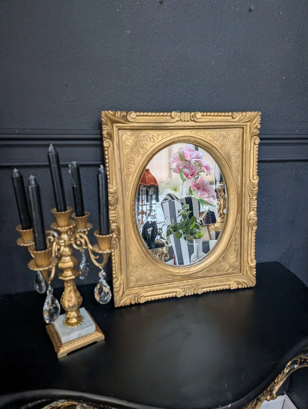 Vintage Ornate Gold Gilt Resin Oval Insert Mirror,  French Neoclassical Style 19